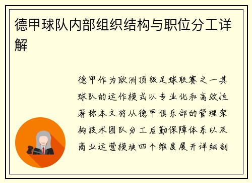 德甲球队内部组织结构与职位分工详解